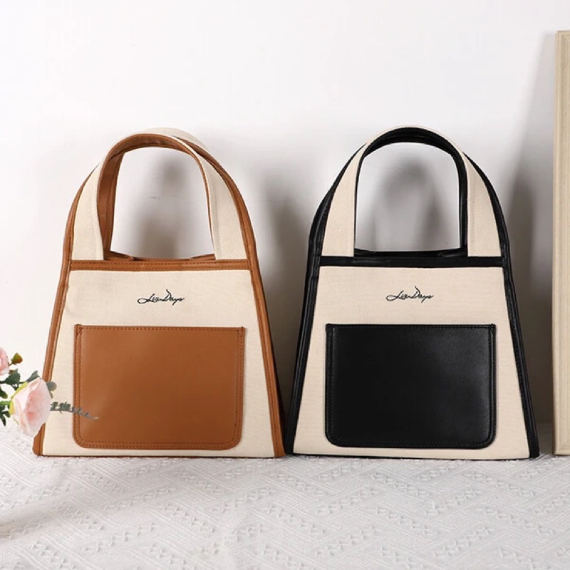 預購🇯🇵日本LIZDAYS 新作 帆布皮革拼接 梯形 迷你 手提包 帆布包 托特包 包包
