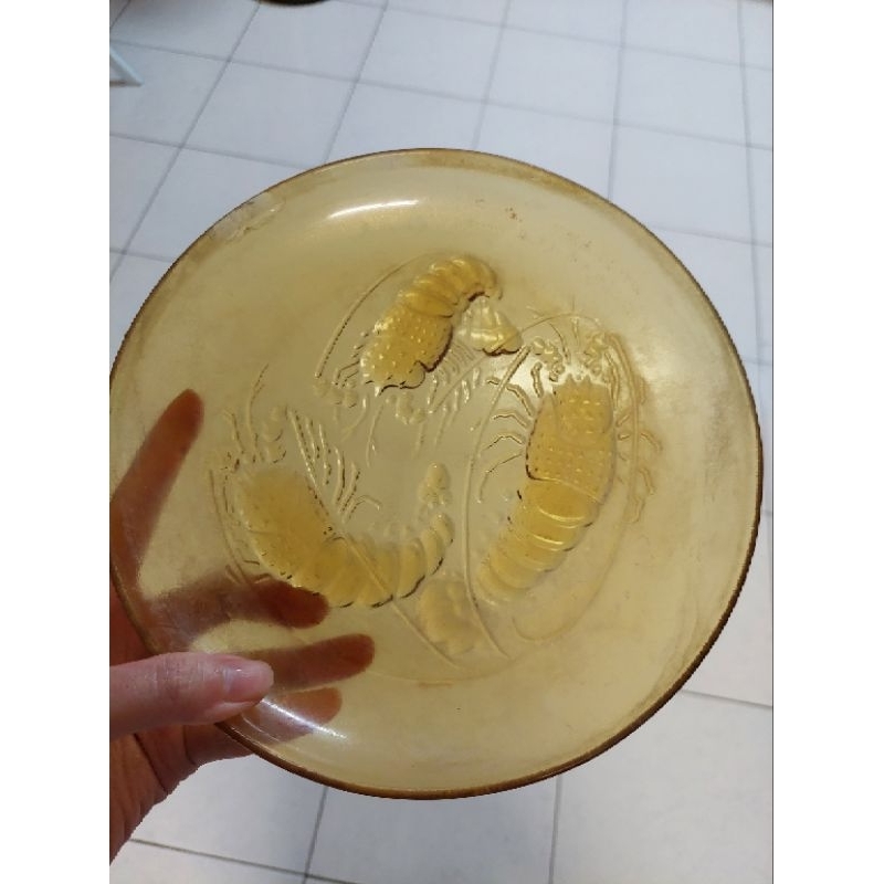 [二手老件懷舊古早]早期 絕版珍貴金龍蝦蝦 龍蝦蝦盤 琥珀色 魚盤 玻璃盤 立體 浮雕 盤子 水果盤