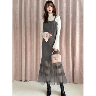 TzuTzu Japan代購 日本GRL 俐落時尚 薄紗拼接連身裙 魚尾裙 洋裝 長裙 吊帶 dh1262