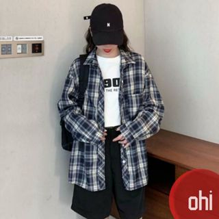 【ohi】藍色格紋襯衫 港風復古設計 防曬襯衣外套 休閒百搭襯衫外套 女長版上衣(XGS6606)