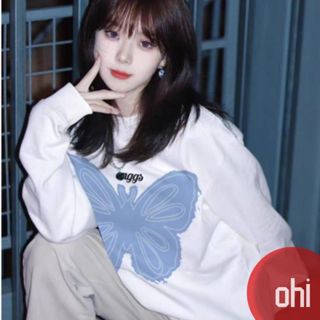 【ohi】素色女大學T 女長T 蝴蝶圖案印花長袖衛衣 寬鬆圓領上衣(GBT1033#)
