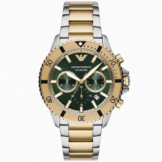 EMPORIO ARMANI Diver 質感金綠潛水手錶 銀x金雙色錶帶-43.5mm AR11586
