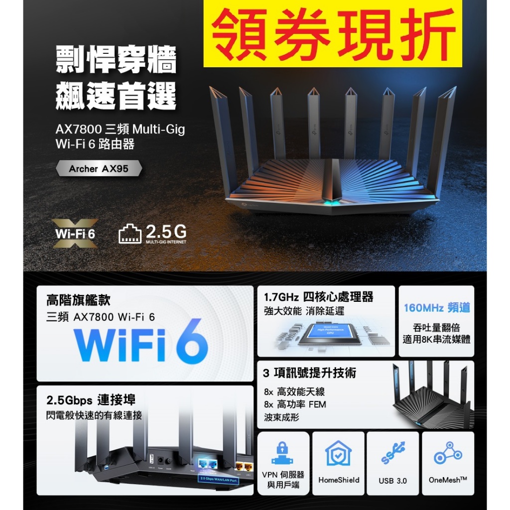 含發票~TP-LINK Archer AX95 AX7800 三頻 8串流 Wi-Fi 6路由器 網路分享器