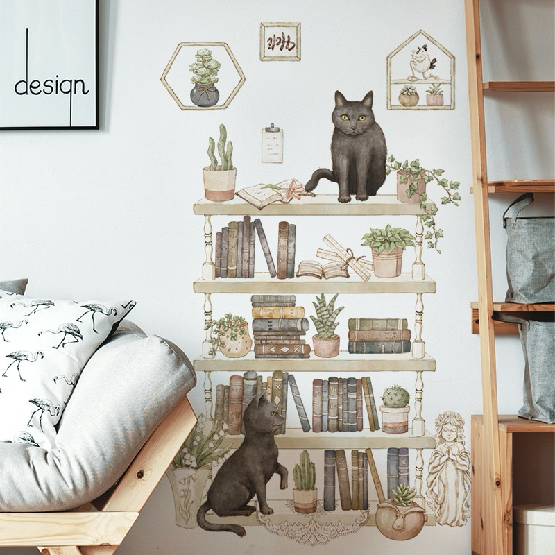 貓咪書櫃 可移除牆貼 客廳 臥室 裝飾貼 創意貼 壁貼 牆貼 壁紙 修飾貼 客廳貼