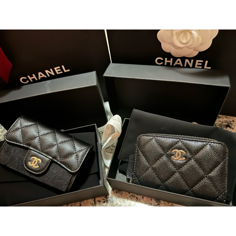 Chanel 專櫃正品 拉鍊款 荔枝牛皮黑色零錢包