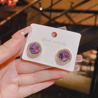 【愛麗絲飾品】《3907》韓版新潮性感OL紫晶方形水鑽耳環 時尚穿搭粉色寶石滿鑽耳釘