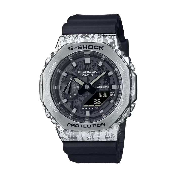 【CASIO G-SHOCK】頹廢搖滾風八角雙顯腕錶-油漬銀/GM-2100GC-1A/台灣總代理公司貨享一年保固