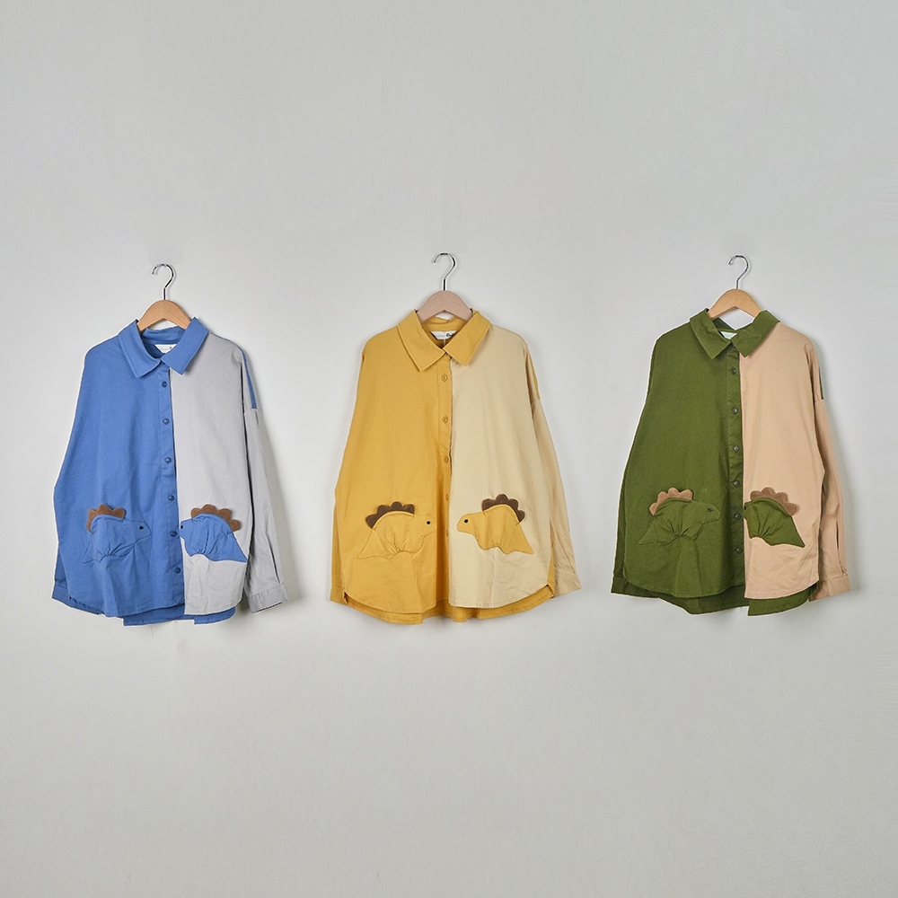 【Dailo】恐龍口袋配色拼接造型長袖襯衫 藍 綠 黃