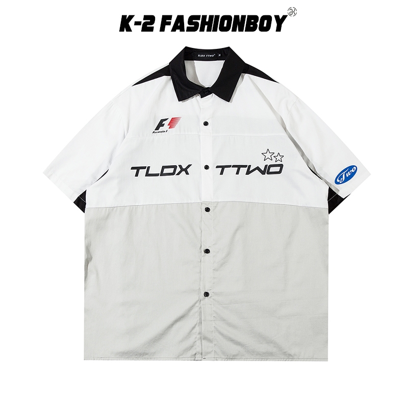 【K-2】TLDX TTWO 賽車風 工人服 質感襯衫 短袖襯衫 穿搭 帥氣 街頭 寬鬆 個性【HA616】