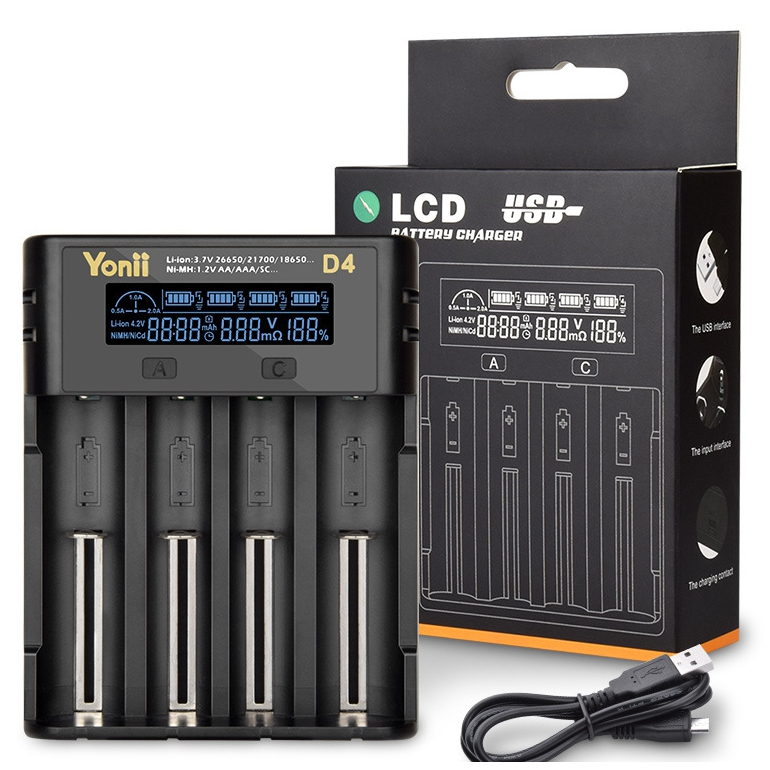 YONII 18650/21700/26650鋰電池3/4號鎳氫USB LCD四槽數顯充電器(D4)