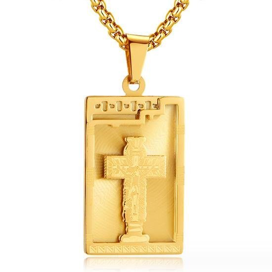 【C23N2312】精緻個性復古金色耶穌十字架方牌鈦鋼墬子項鍊/掛飾