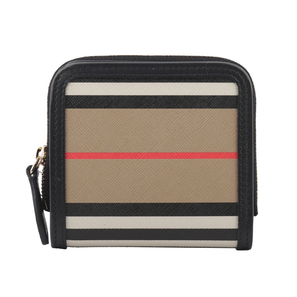 BURBERRY Icon Stripe 經典條紋拉鍊零錢袋暗釦二折短夾(經典米色/黑色) 80730761