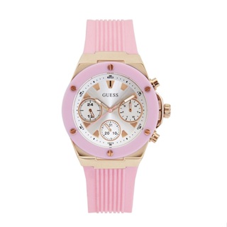 GUESS 手錶 | 玫瑰金框 白面 三眼日期顯示 紋理面盤 圓型腕錶 粉色矽膠錶帶 女錶 (GW0030L4)