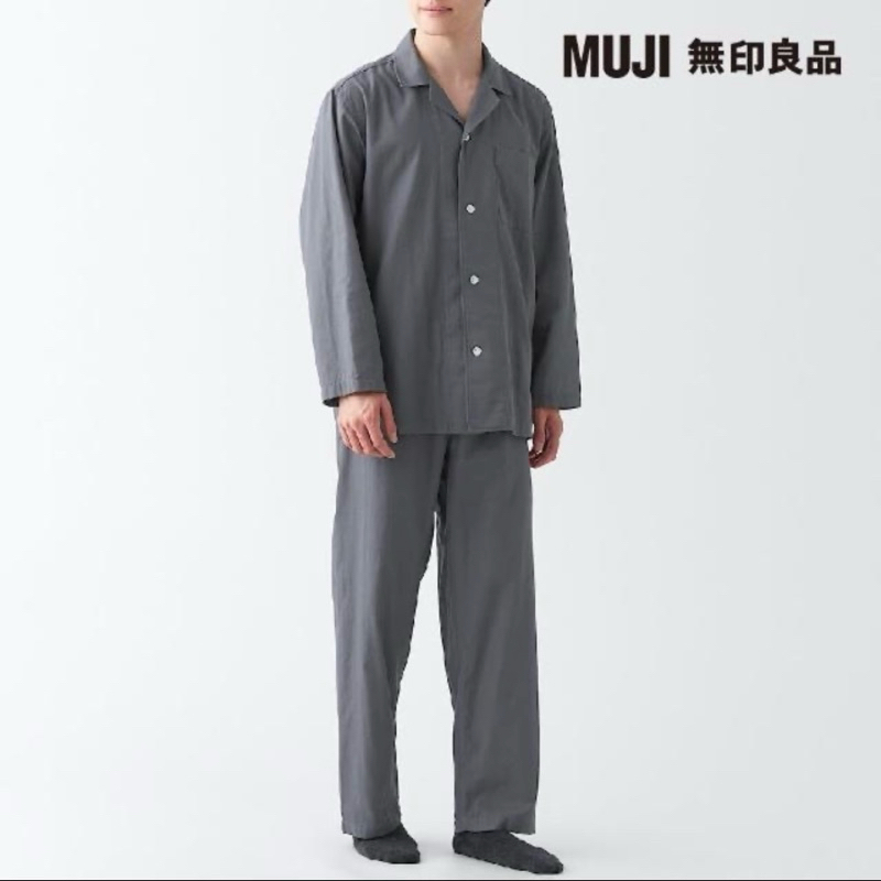 全新『MUJI』 無印良品 男有機棉無側縫二重紗織家居睡衣 灰白 M號