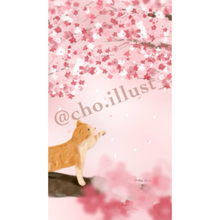 【餔咪手繪】手機桌布 手機背景 手繪寵物 貓咪手繪 春天 櫻花 貓