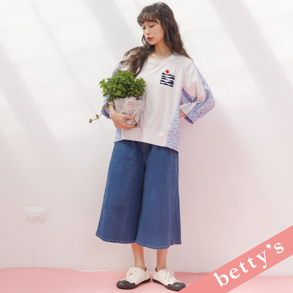 betty’s貝蒂思(31)腰鬆緊逗號刺繡牛仔七分寬褲(藍色)