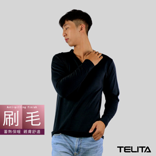 【TELITA】男內衣_蓄熱保暖內刷毛長袖V領衫_黑色 內刷毛衫 休閒T恤 TA9907