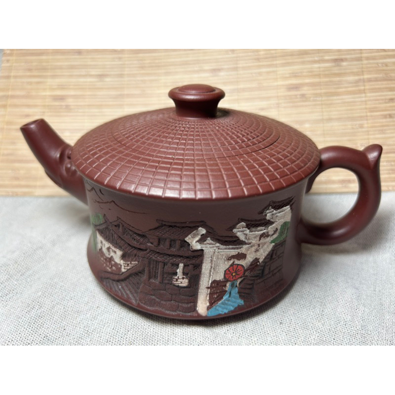 古董收藏-老紫砂浮雕彩繪茶壺
