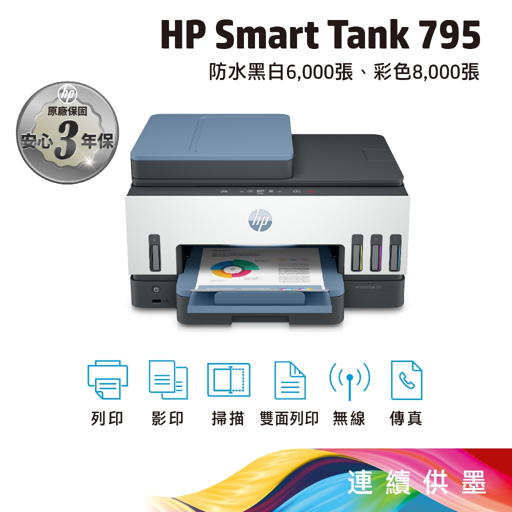 HP Smart Tank 795【現貨出貨+給您3年保固】四合一多功能 自動雙面無線連供印表機