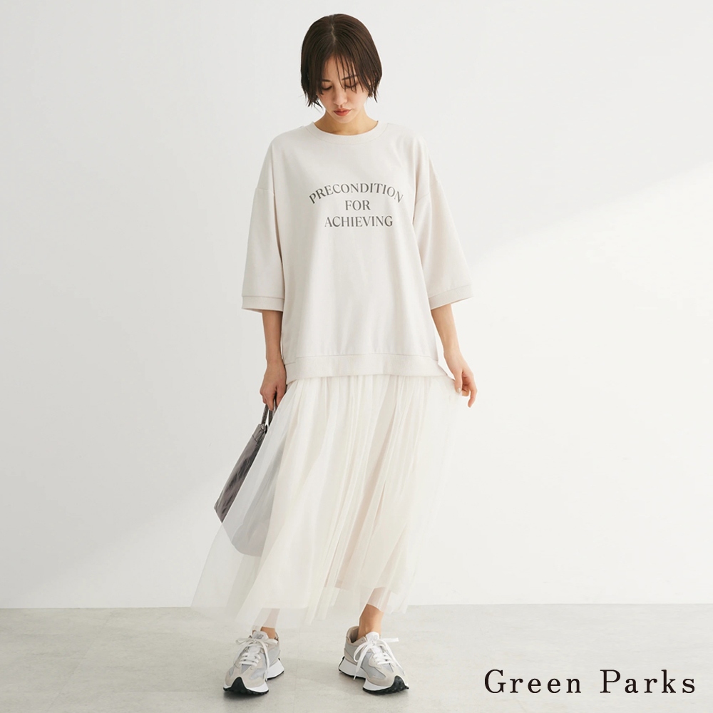 Green Parks 薄紗拼接英文徽標七分袖洋裝(6A41L1H0200)