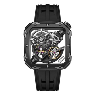 【For You】BONEST GATTI 布加迪 原廠授權 - 黑框鏤空面盤 方型錶 黑色橡膠錶帶 自動上鍊機械錶
