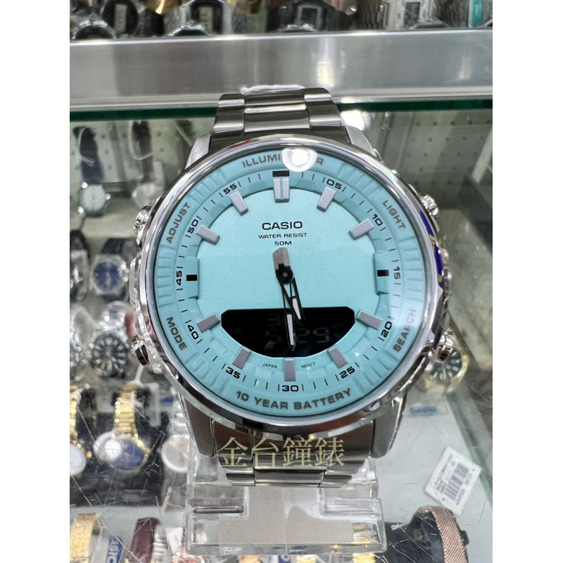 【金台鐘錶】CASIO卡西歐 AMW-880D-2A2（大錶徑)(蒂芬妮藍)10年電力指針數位雙顯 不鏽鋼 防水50米