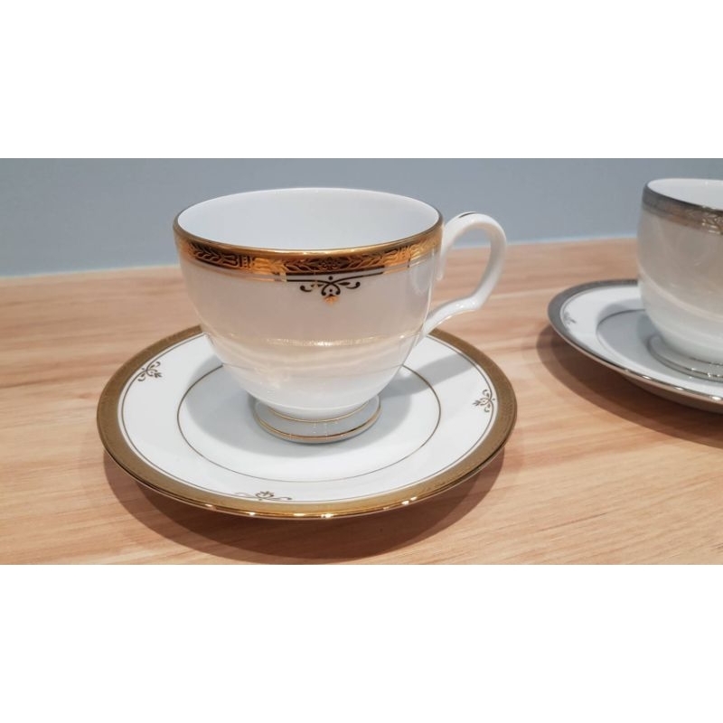 全新 日本皇家陶瓷 Noritake咖啡杯盤組 對杯，金邊銀邊各一組，共兩組，4件
