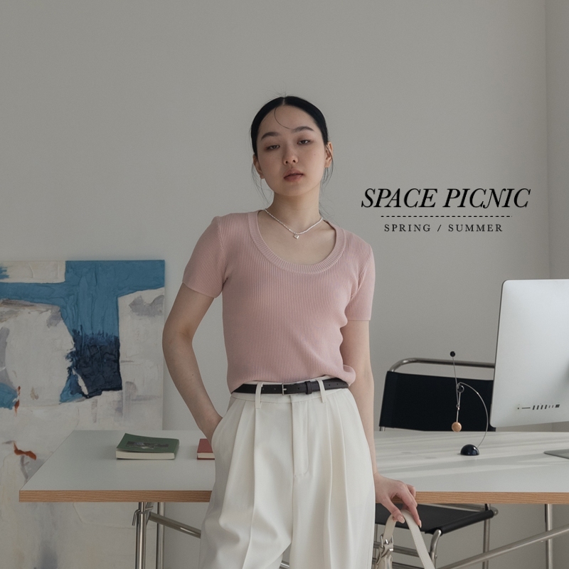 [明天出貨] Space Picnic｜大U領短版針織上衣-5色(現貨)【C24031032】