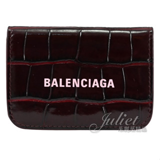 【茱麗葉精品】BALENCIAGA 巴黎世家 593813 鱷魚壓紋牛皮三折零錢小短夾.酒紅/粉LOGO 現貨在台