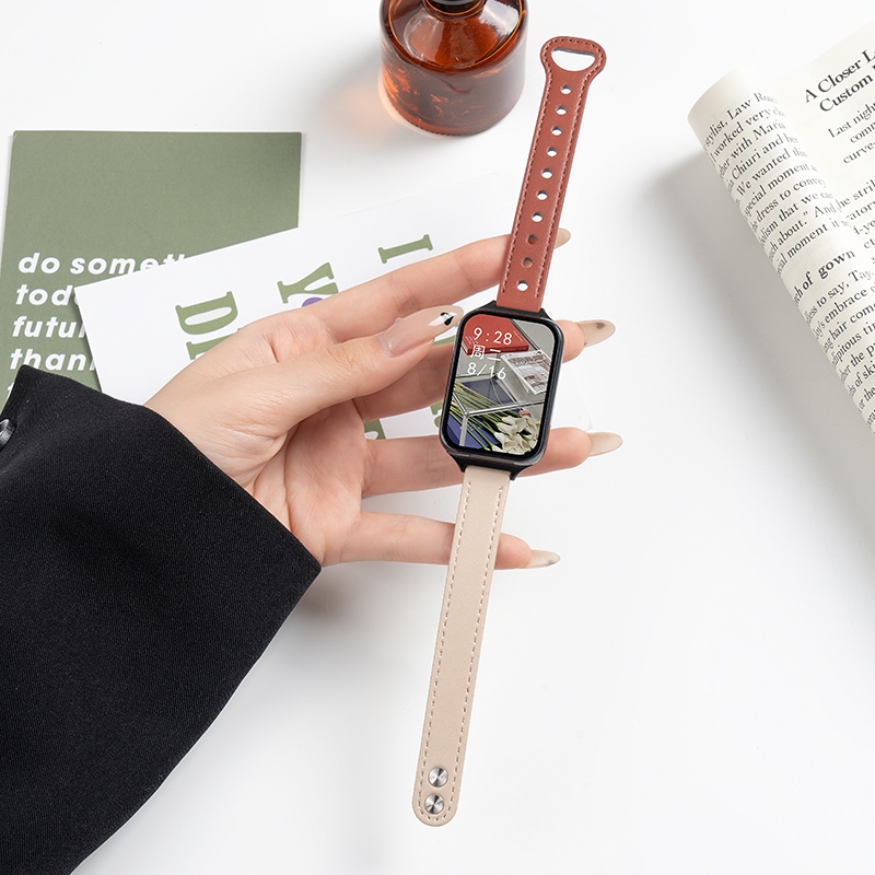 小米手環 雙釘真皮錶帶 適用於 小米手環 8 pro 適用小米手環 8 7 6 5 4 3小米替換錶帶 透氣小米真皮錶帶