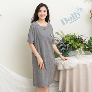 台灣現貨 大尺碼黑白細格貓咪別針洋裝017-Dolly多莉大碼專賣店