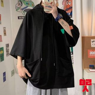 【自己人】 日系 潮牌 短袖 男生T恤 夏季 新款 口袋抽繩連帽上衣(ATSF245)
