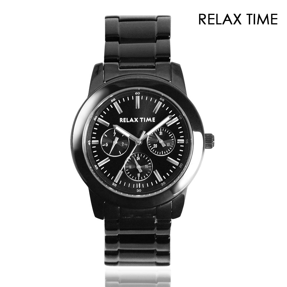 Relax Time 三眼系列 黑框 黑面 銀色刻度 不鏽鋼錶帶 三眼腕錶 手錶 男女適用-R0800-16-09