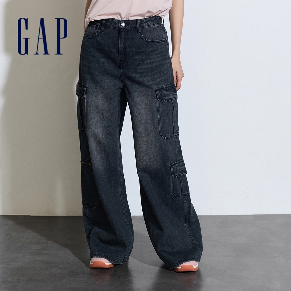 Gap 女裝 Logo純棉工裝牛仔寬褲-黑色(873049)