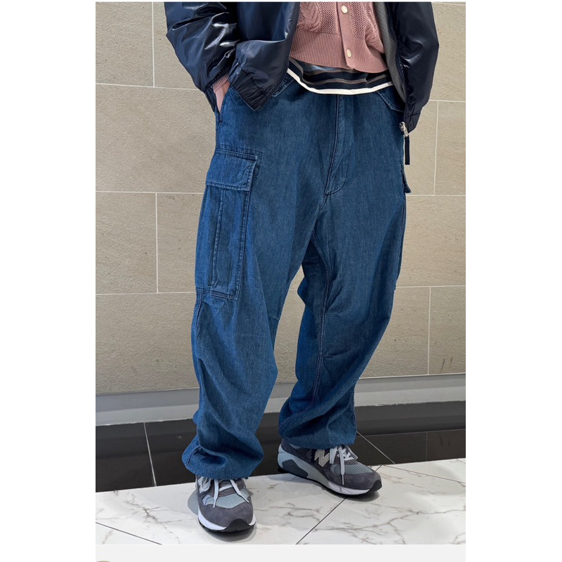 BEAMS / 男裝 降落傘 軍裝 寬版 大口袋 丹寧 CARGO 長褲 深藍 全新XL