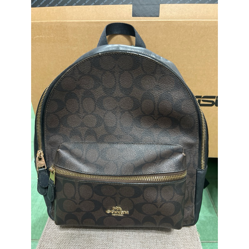 COACH 金字浮雕LOGO牛皮鑲飾PVC後背包