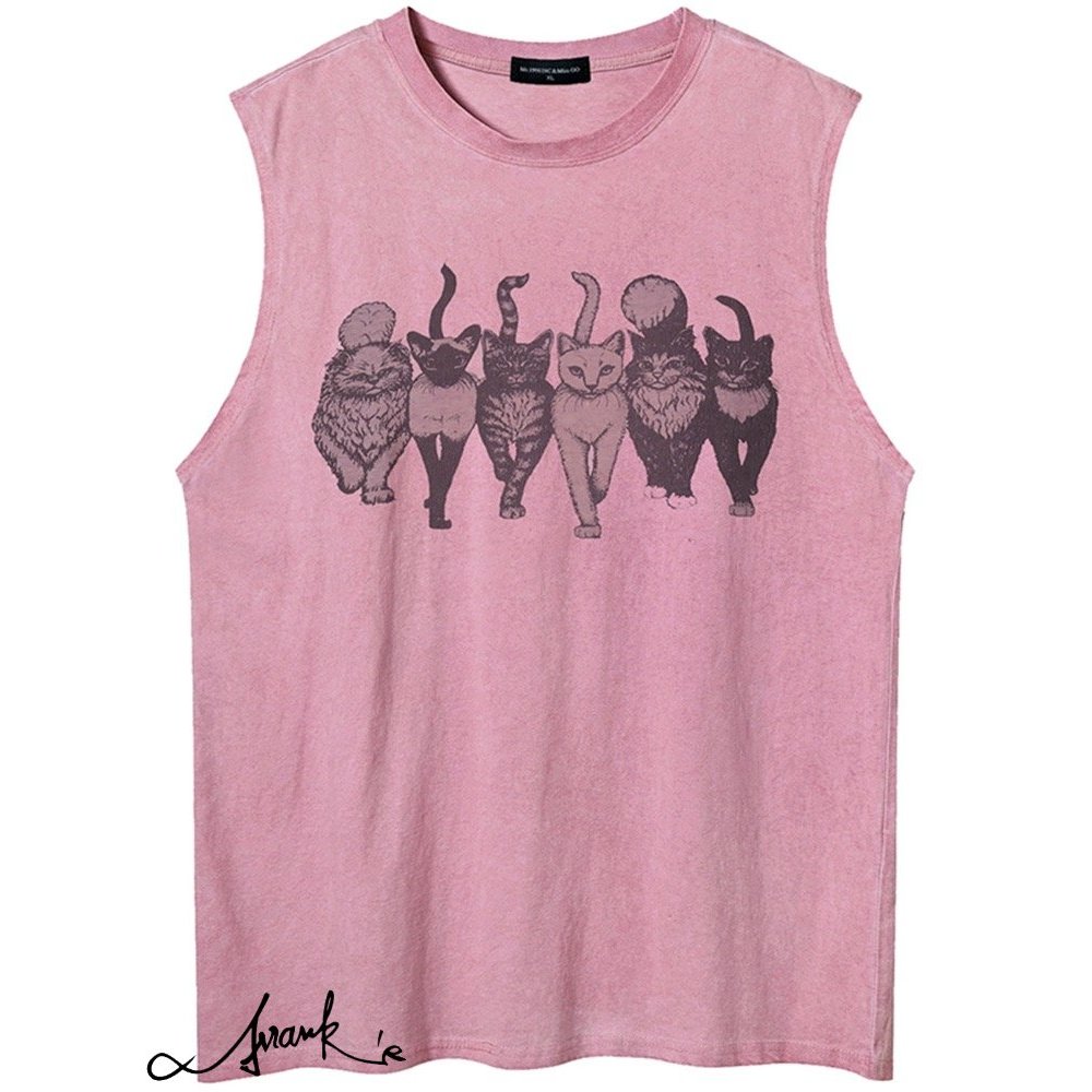 FRANK'S歐美特進-4色 雙面貓咪印花 美式 水洗 寬鬆 背心 作舊 健身 運動 嘻哈 圖案 純棉 海灘背心 中性