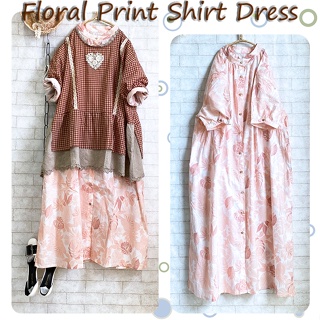 Floral Print Shirt Dress 森林系印花小木釦涼感長版襯衫式洋裝-蜜桃粉 (約M~L)