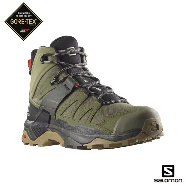 【Salomon】男款 X ULTRA 4 寬楦 GTX 中筒登山鞋 藻綠/炭黑/棕