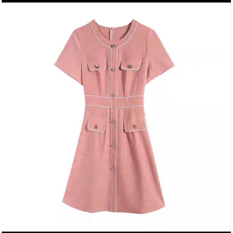粉色 小香風 紐扣 經典 短袖  洋裝 4XL 中大尺碼