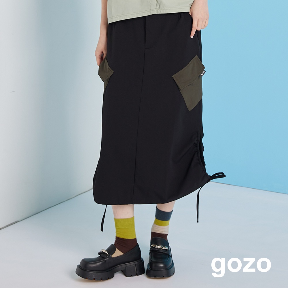 【gozo】➤雙口袋下擺抽繩工裝裙(黑色/深綠_F) | 女裝 修身 百搭