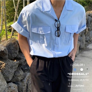 【CROSSAL1】現貨)韓國🇰🇷 雙口袋軍裝短袖襯衫 短袖襯衫 口袋襯衫 古巴領襯衫 韓國襯衫 素面襯衫 襯衫 短袖
