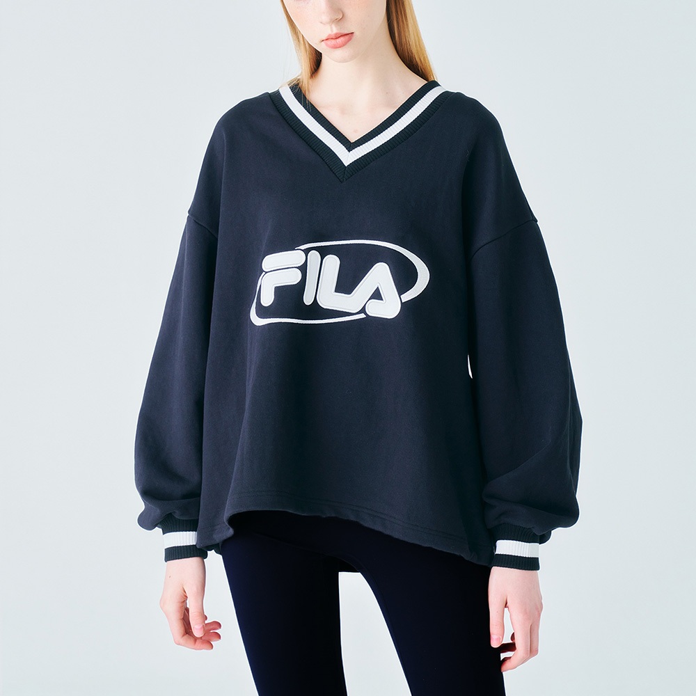 【FILA】女性 長袖 運動V領 T恤-黑色 5TEX-1849-BK