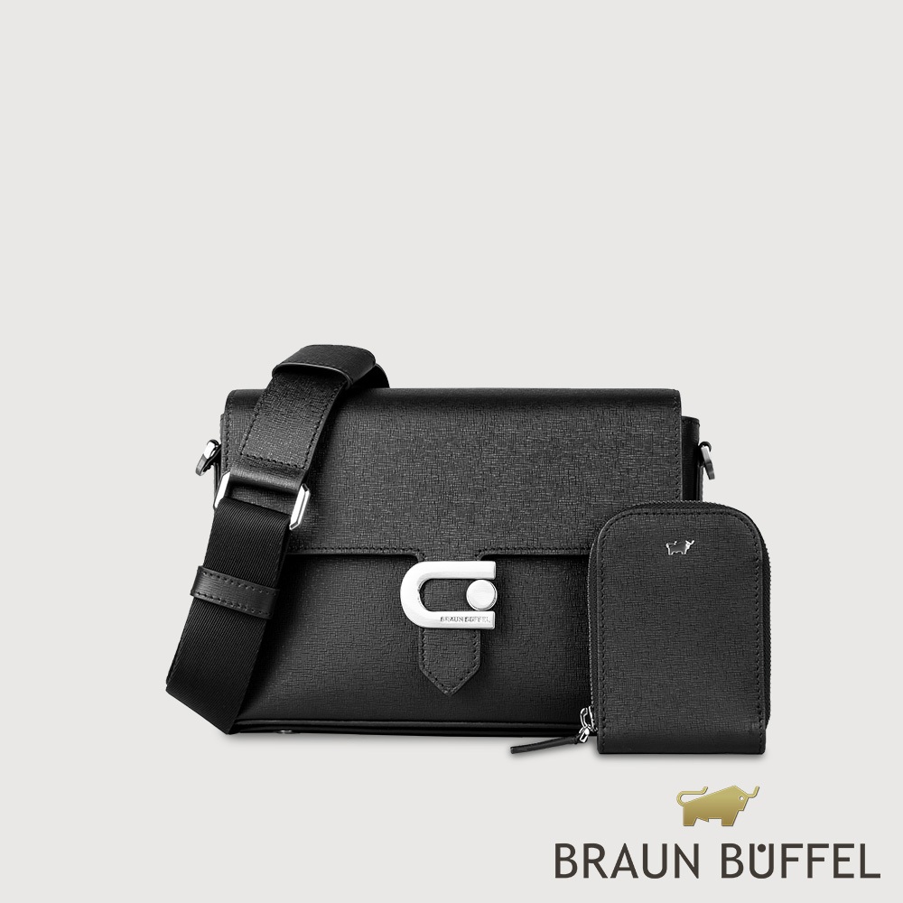 【BRAUN BUFFEL 德國小金牛】台灣總代理 卑爾根 橫式斜背包-黑色/BF528-60-BK