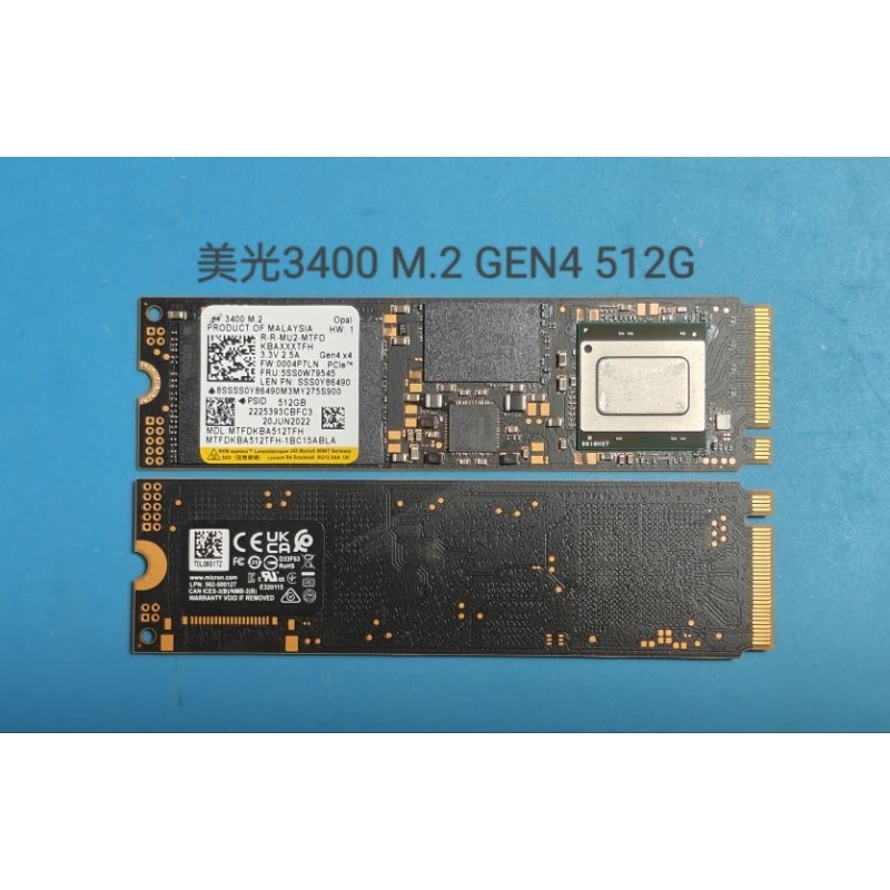 美光3400 SSD 512GB M.2 GEN4，PCIe4x4高速碟，使用時數約2~7小時，出清便宜賣