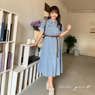 CCGIRL中大尺碼 法式悠閒線條感翻領短袖牛仔長洋裝(不包含皮帶)-適L～5L《31922》大尺碼女裝 中大尺碼洋裝