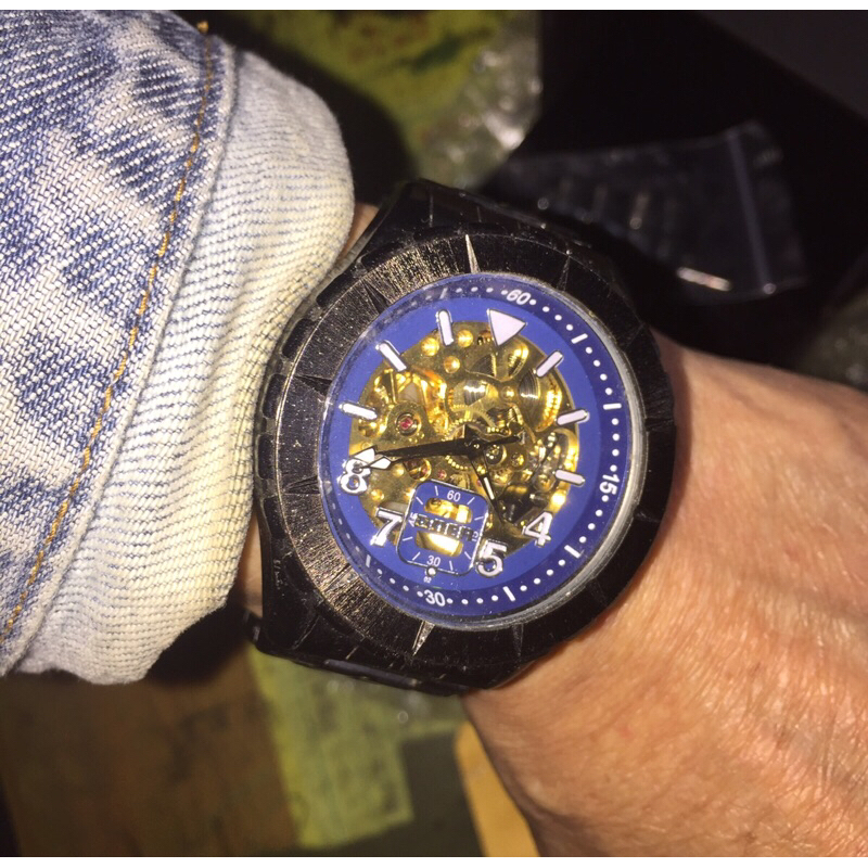 二手 時尚 GOER 高爾 縷空 自動上鍊機械錶 透明背蓋 三指針有夜光 錶徑約44mm 附多餘錶節 盒已丟失