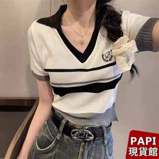 條紋學院風針織上衣【V069】PAPI女裝批發價春夏新款韓系INS休閒百搭氣質純欲翻領短袖撞色上衣 條紋上衣 Polo衫