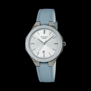 []錶子$行頭[] CASIO SHEEN 現代極簡 八角日期 皮革腕錶-藍灰款(SHE-4563GYL-7A)
