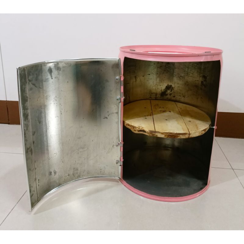 美式工業風粉紅色手作油桶造型手提雙層置物櫃（二手）
